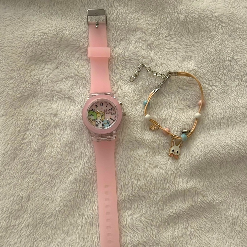 Girls Cartoon Quarts watch and Rabbit pendant bracelet.